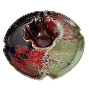 Cindy Angliss Studio Art Pottery Dip & Chip Handcrafted Drip Red Green Brown 13”